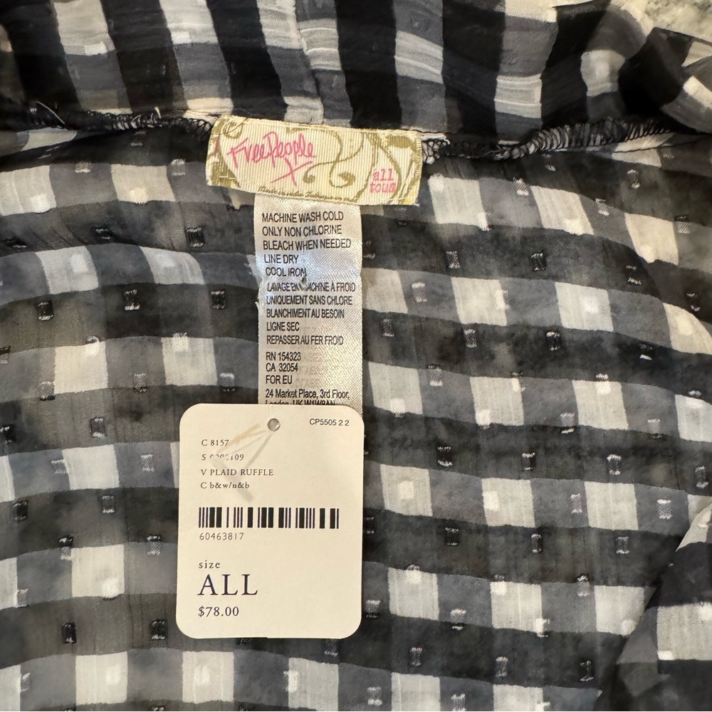Free People Picnic Plaid Tie Front Gingham Ruffle Top Black‎ White OS NWT - Picture 5 of 7